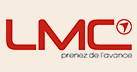Le logo affiche les lettres "LMC" en rouge avec une police moderne et stylisée. À droite de "LMC", un cercle rouge contenant une forme blanche distinctive est visible. En dessous, il y a un texte plus petit en gris clair indiquant "prenez de l'avance" sur un fond crème.